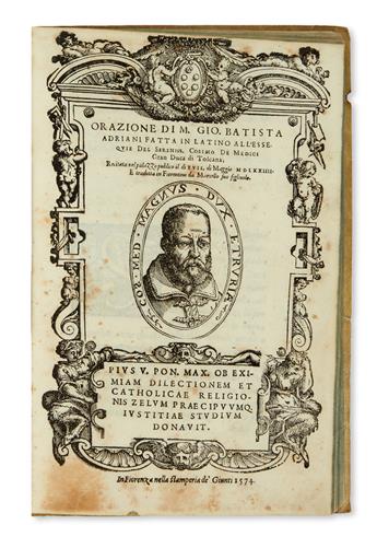 (COSIMO I DE MEDICI, Grand Duke of Tuscany.) Bound volume containing 5 eulogies and other writings on the death of Cosimo.  1574